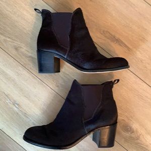 Hair on hide almond toe stack heel booties